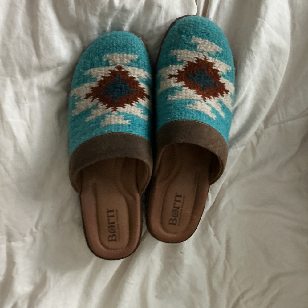 Born Turquoise and Brown Bandy mules size 9